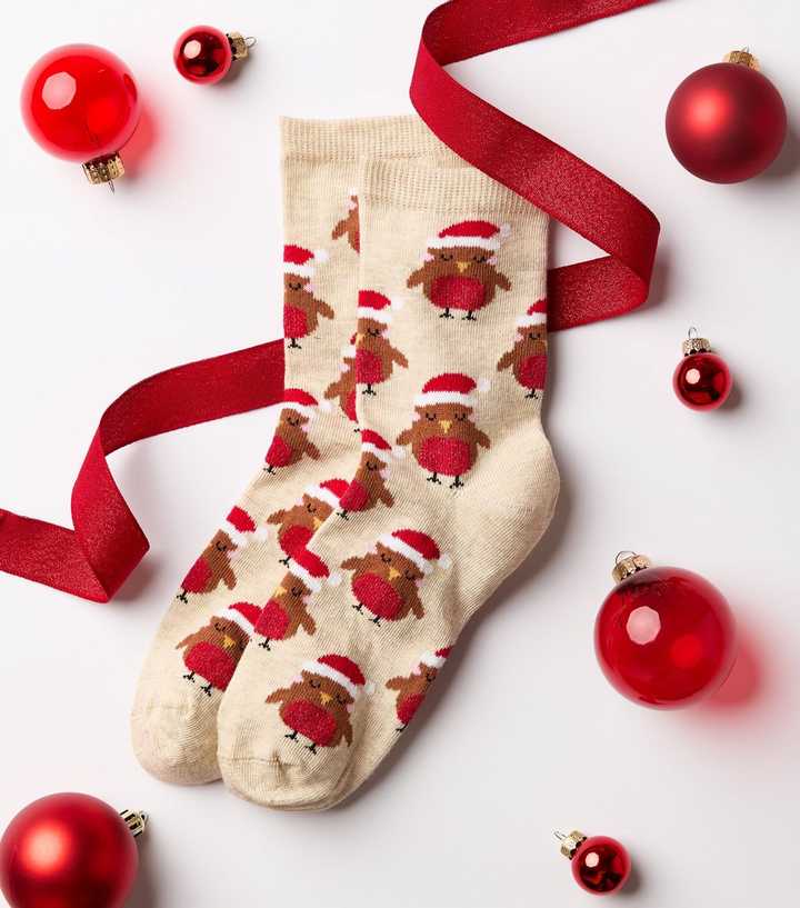 Oatmeal Cotton Rich Christmas Robin Patterned Ankle Socks
