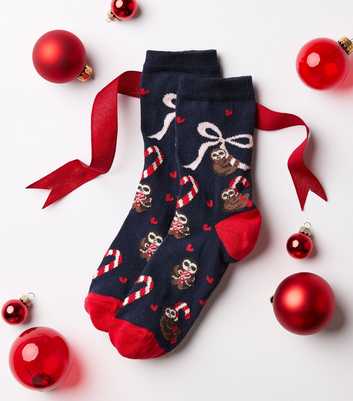 Navy Cotton Rich Christmas Sloth Candy Cane Patterned Ankle Socks