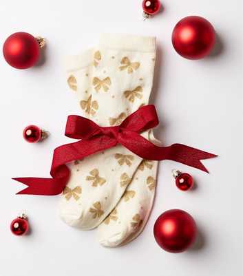 Cream Cotton Rich Christmas Sparkle Bow Ankle Socks