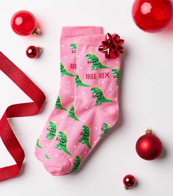 Pink Cotton Rich Christmas Tree-Rex Ankle Socks