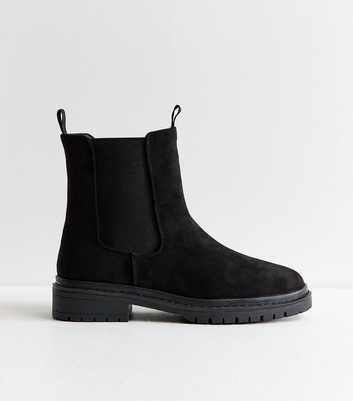 Wide Fit Black Faux Suede Flat Chelsea Boots