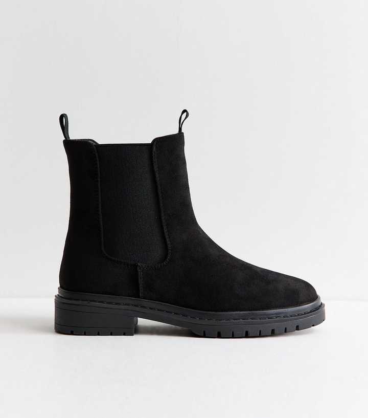 Wide Fit Black Faux Suede Flat Chelsea Boots