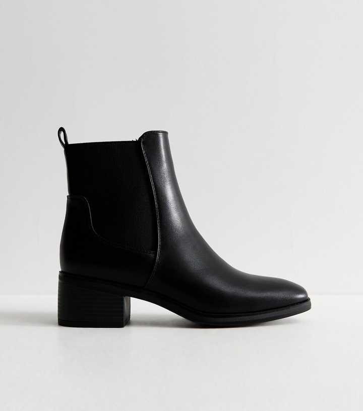 Black Faux Leather Chisel Toe Low Heel Chelsea Ankle Boots