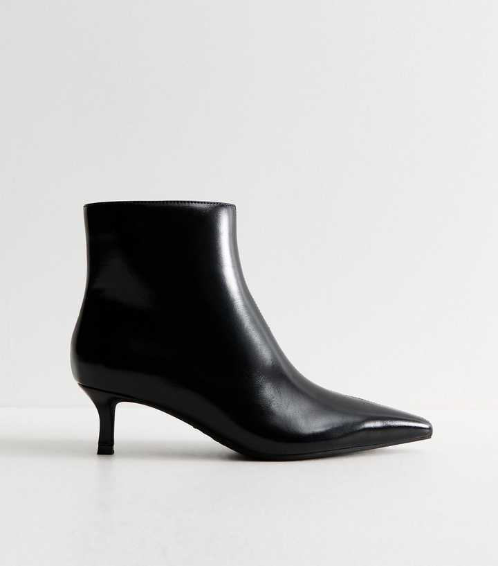 Black Faux Leather Kitten Heel Pointed Toe Ankle Boots