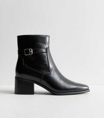 Black Faux Leather Block Heel Pointed Toe Boots