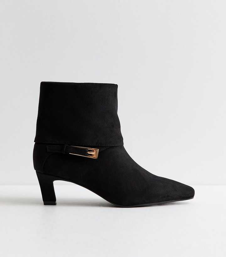 Black Faux Suede Buckle Detail Ankle Boots