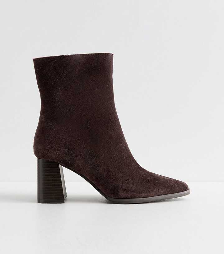 Dark Brown Suede Pointed Toe Stacked Heel Ankle Boots
