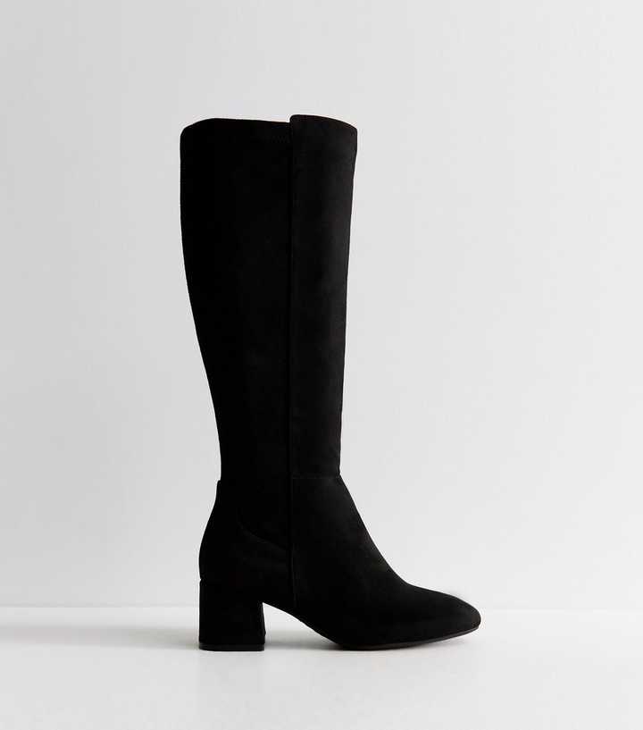 Wide Fit Black Low Block Heel Almond Toe Knee High Boots