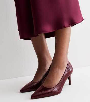 Wide Fit Dark Burgundy Faux Leather Crocodile Embossed Court Shoes