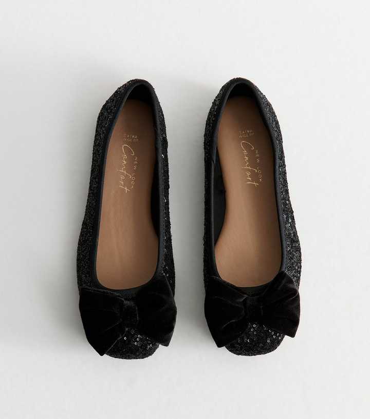 Extra Wide Fit Black Sequin Ballet Flats