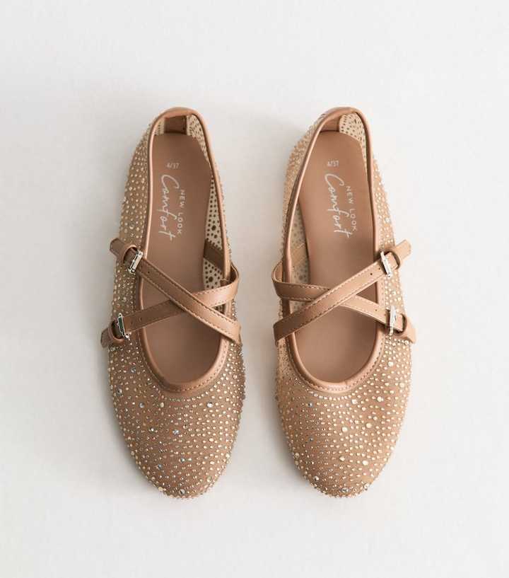 Oatmeal Mesh Gem Embellished Mary Jane Flats