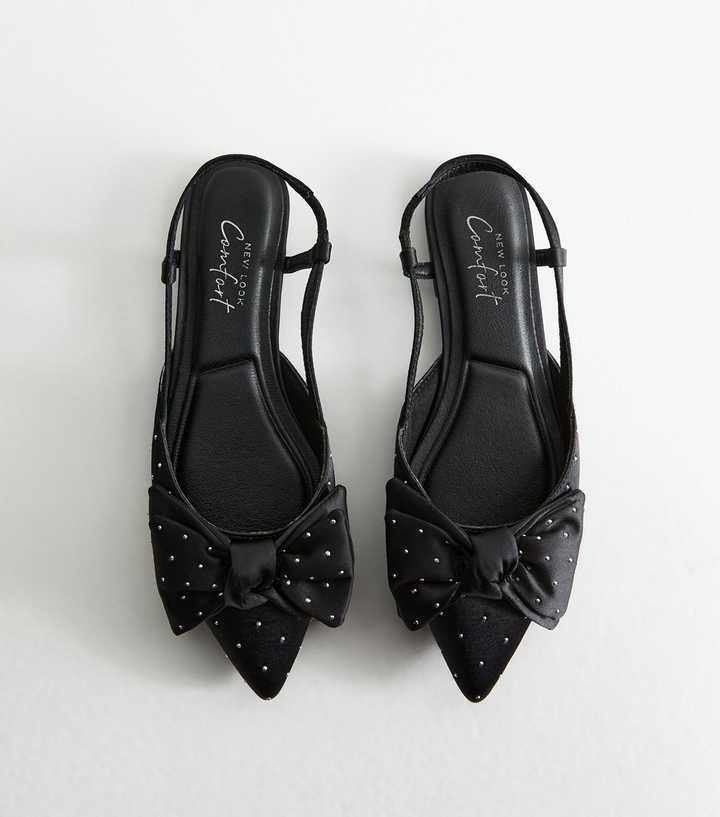 Black Satin Embellished Bow Slingback Flats