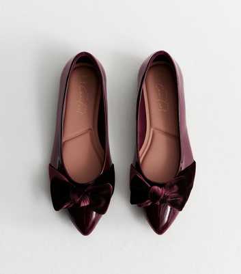 Wide Fit Dark Burgundy Patent Faux Leather Velvet Bow Ballet Flats
