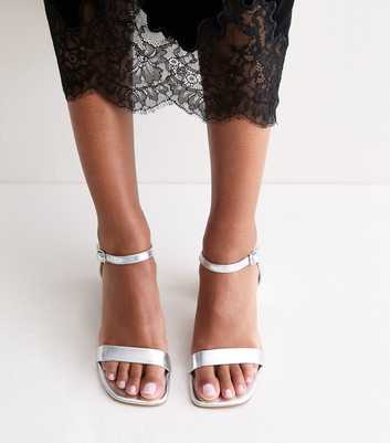 Silver Faux Leather Square Toe Block Heel Sandals