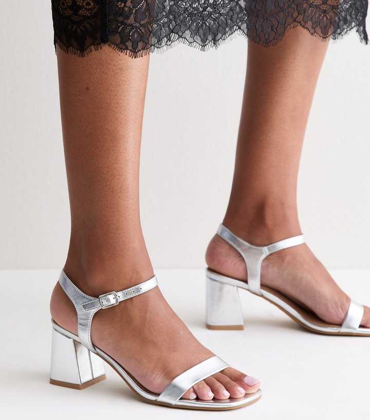 Silver Faux Leather Square Toe Block Heel Sandals