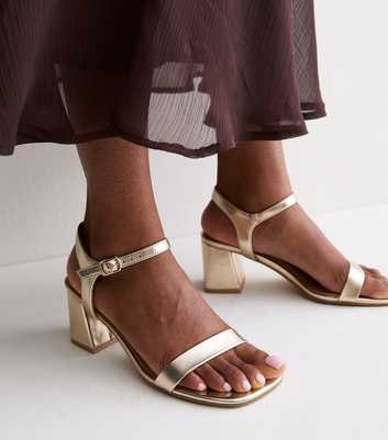 Gold Faux Leather Open Toe Block Heel Sandals