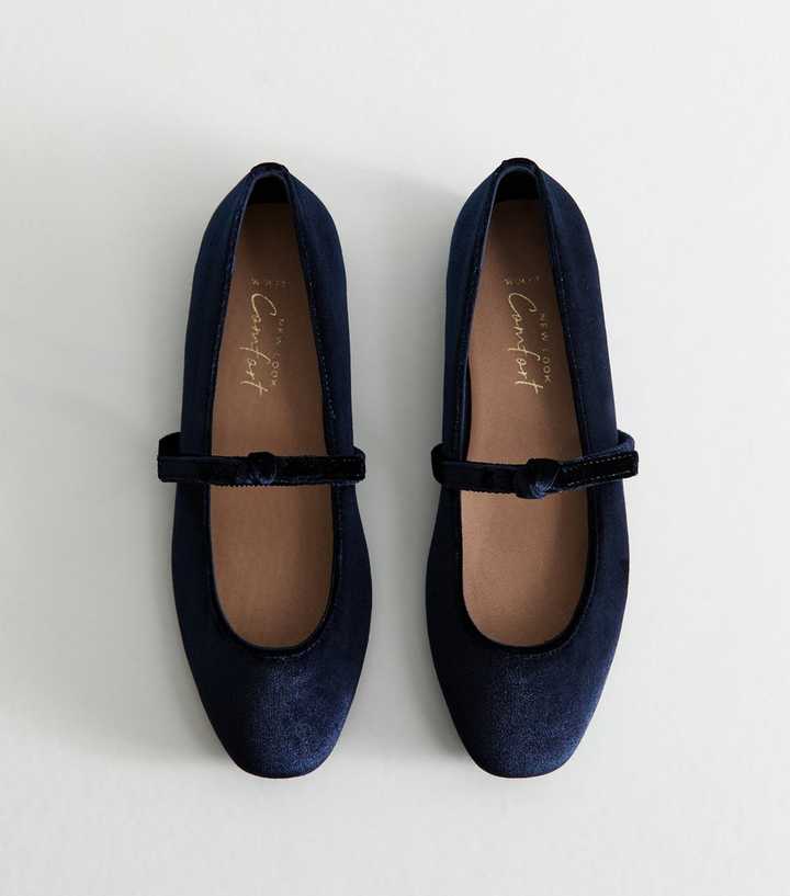 Wide Fit Navy Velvet Bow Strap Mary Jane Flats