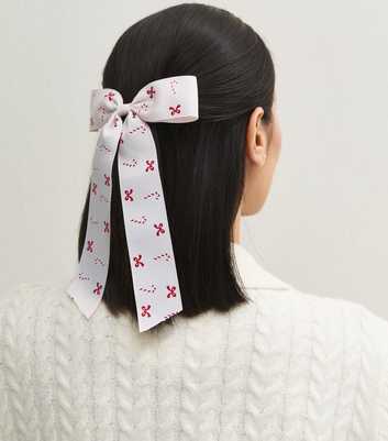 Pink Christmas Candy Cane Bow Hair Slide