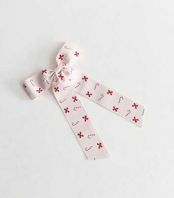 Pink Christmas Candy Cane Bow Hair Slide