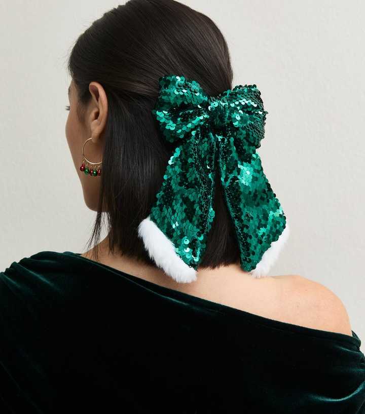 Bright Green Christmas Sequin Santa Bow Hair Slide