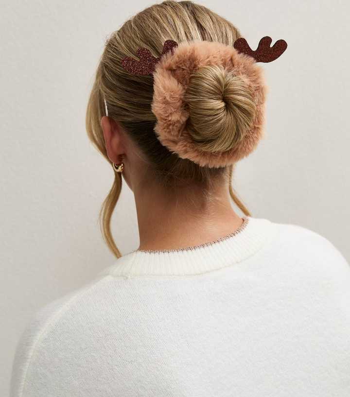 Brown Christmas Faux Fur Reindeer Scrunchie