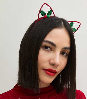 Bright Red Christmas Holly Cat Ear Headband