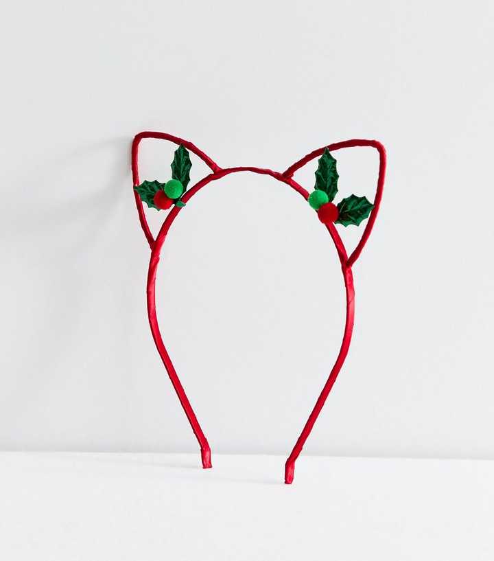 Bright Red Christmas Holly Cat Ear Headband