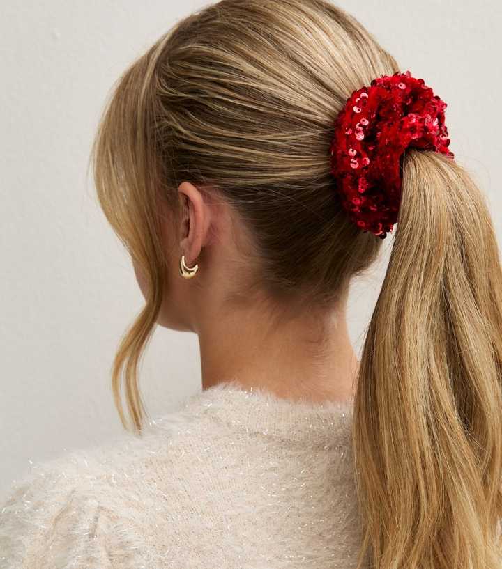 Bright Red Christmas Velvet Sequin Scrunchie