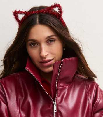 Bright Red Christmas Tinsel Cat Ear Headband