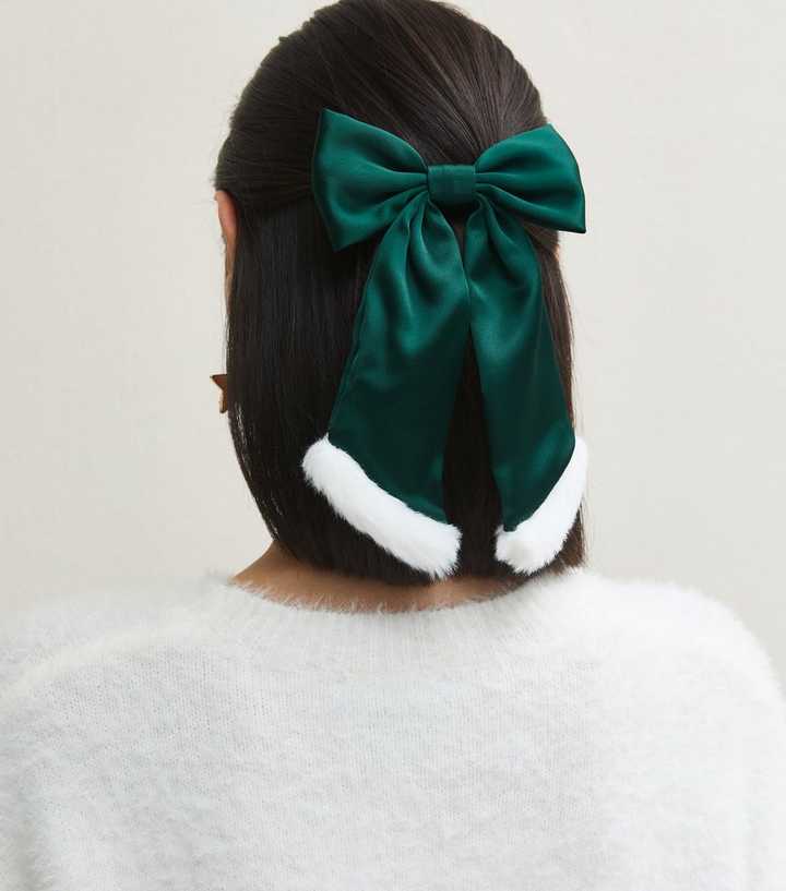 Bright Green Christmas Satin Santa Bow Hair Slide