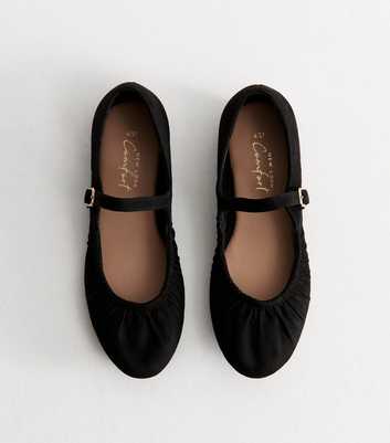 Black Faux Suede Ruched Mary Jane Ballet Flats