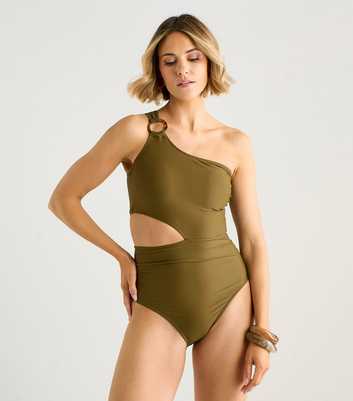 Gini London Khaki One Shoulder Ring Detail Swimsuit