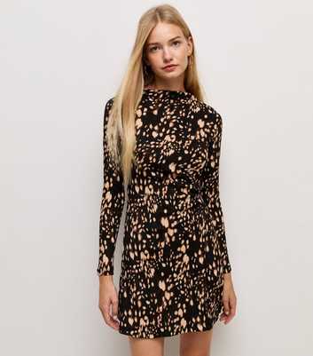 Brown Spotty Ruched Waist Long Sleeve Mini Dress