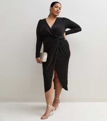 Curves Black Shimmer Wrap Midi Dress