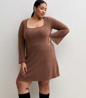 Curves Dark Brown Flared Sleeve Square Neck Mini Dress