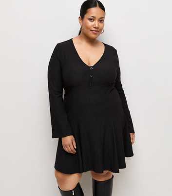 Curves Black Crinkle Texture Flared Sleeve Button V-Neck Mini Dress
