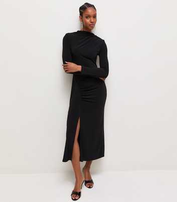 Black Ruched High Neck Midi Dress