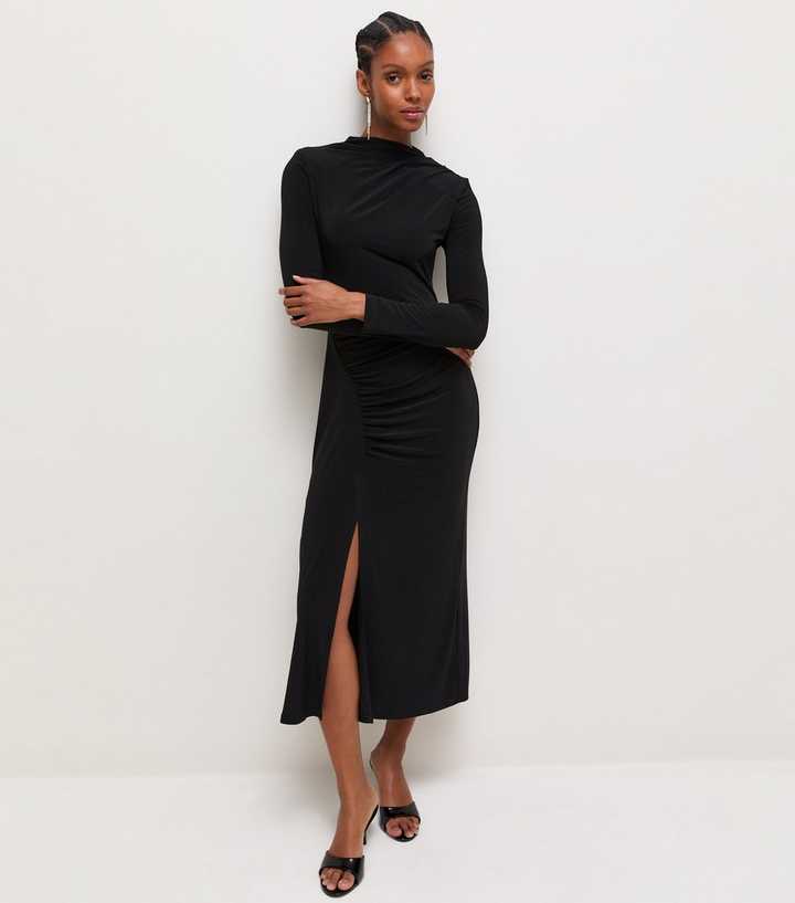 Black Ruched High Neck Midi Dress