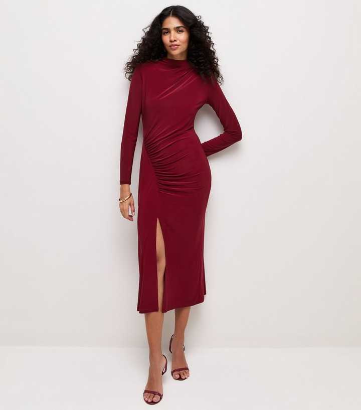 Bright Red Ruched High Neck Midi Dress