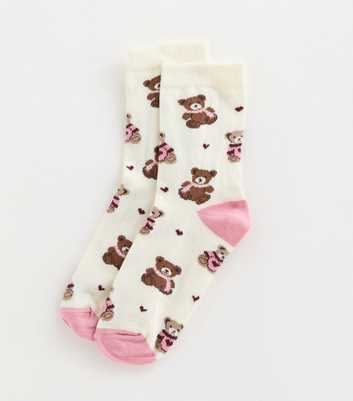 Cream Patterned Teddy Bear Ankle Socks
