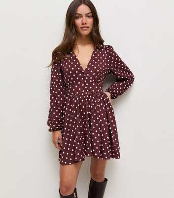 Petite Red Long Sleeve Spot Print Crinkle V-Neck Mini Dress