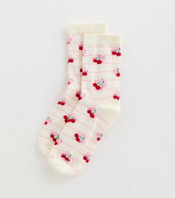 Cream Stripe Cherry Bow Ankle Socks