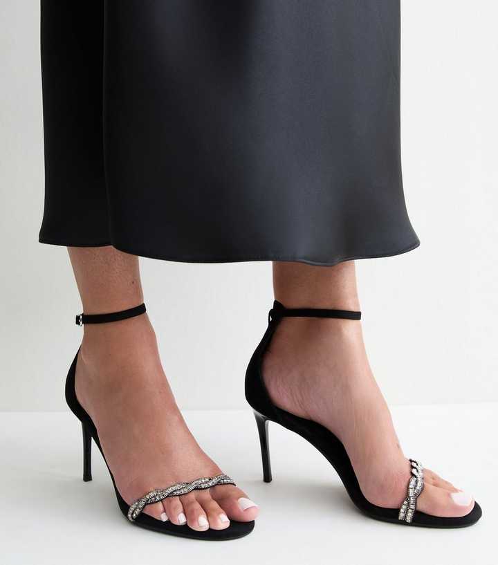Black Faux Suede Twisted Diamante Strap Stiletto Sandals