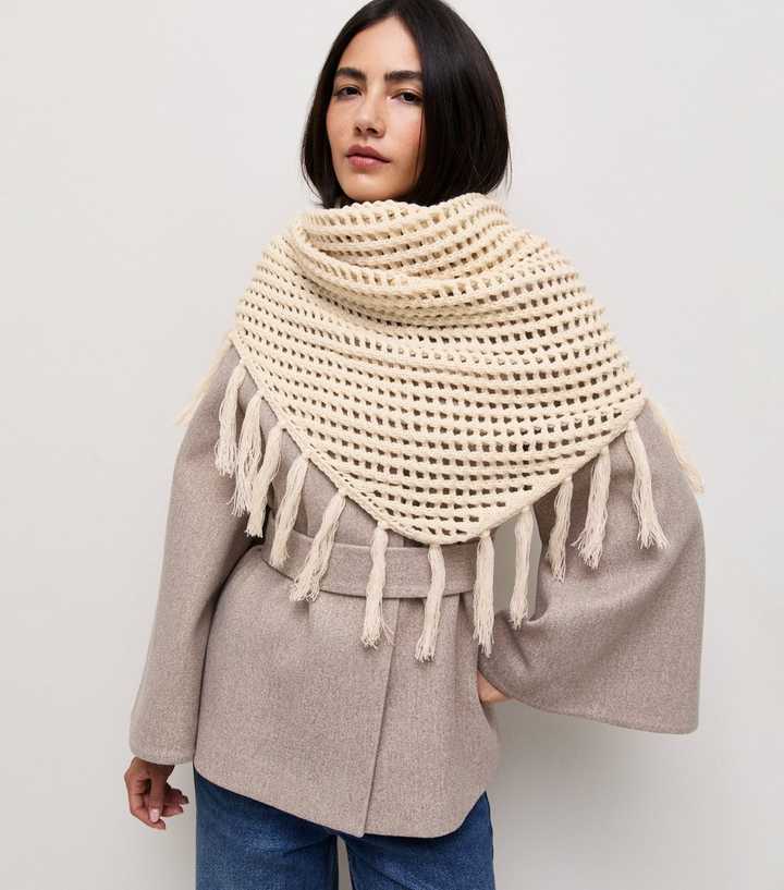 Cream Crochet Knit Tassel Trim Shawl Scarf
