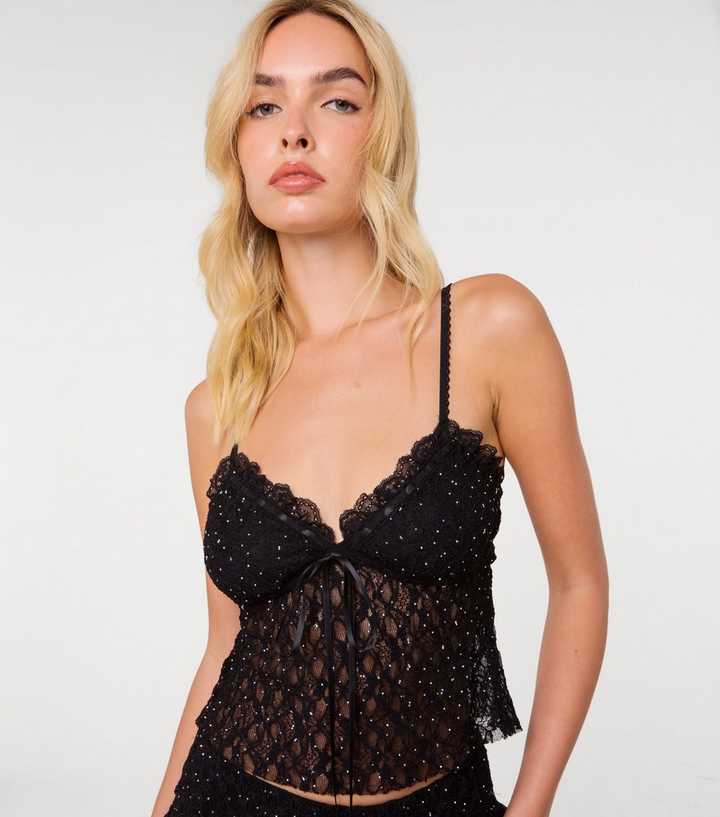 Pink Vanilla Black Semi Sheer Diamanté Lace Cami Top