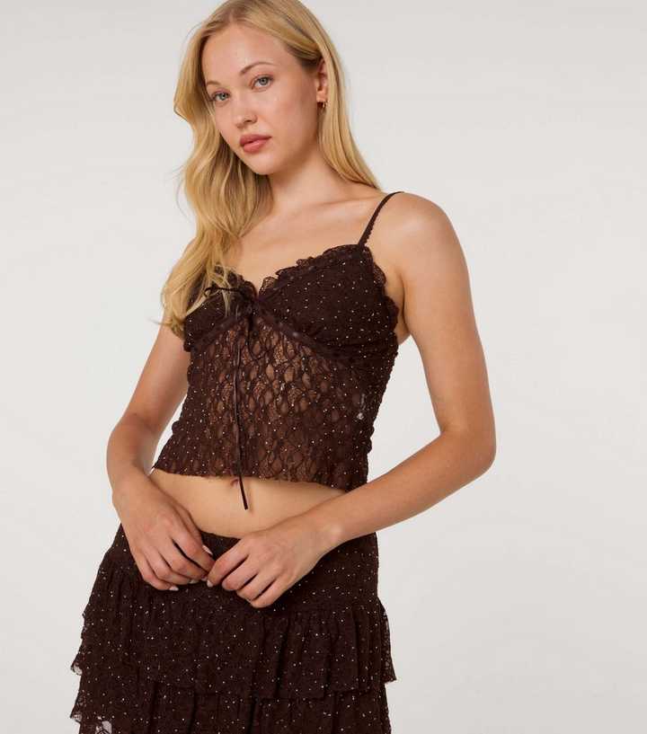 Pink Vanilla Dark Brown Semi Sheer Diamanté Lace Cami Top