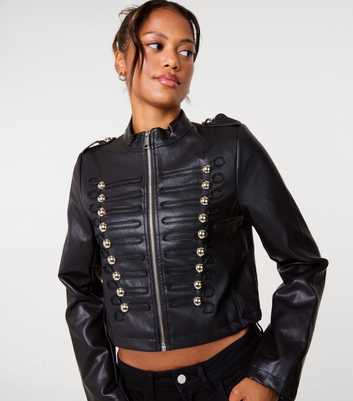 Pink Vanilla Black Faux Leather Military Crop Jacket