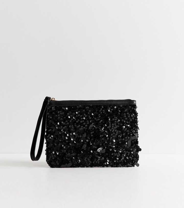 Black Teardrop Sequin Embellished Pouch