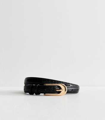 Black Faux Leather Skinny Crocodile Embossed Belt