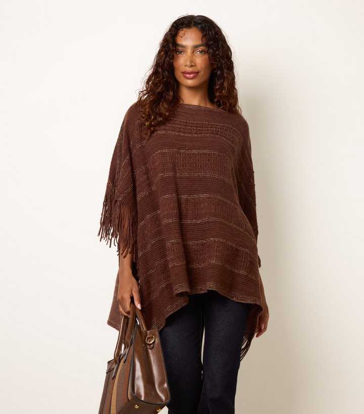 Blue Vanilla Dark Brown Knitted Fringed Cape